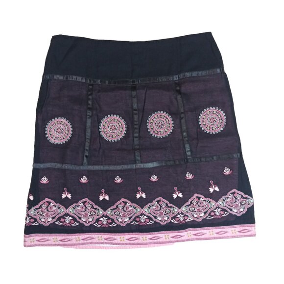 Persaman Womens A Line Skirt Size 8 Black Pink Embroidered Lined Boho Chic - Picture 2 of 6